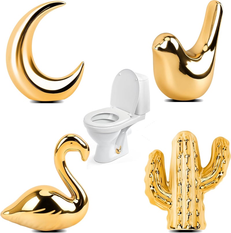 Windspeed 4Pcs Toilet Bolt Covers Decorative Ceramic Cute Bird Covers Replacement Toilet Screw Cover Caps Animal Commode Screw Plug for Decor Bathroom Accessories Bolt with Swan, Cactus, Bird, Moon Shapes(Gold) - Image 1